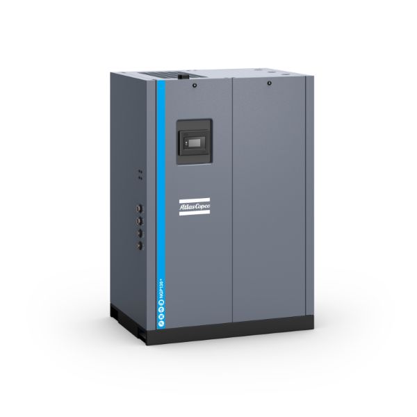 Grey atlas copco air compressor component against a white background with blue detailing
