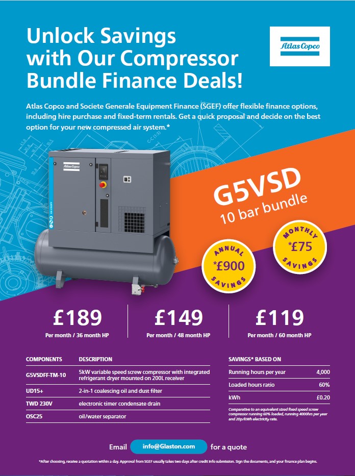 This is an image of our Atlas Copco G5 VSD 10 bar Compressor the grey box in the middle of the image is our GA5 compressor. The yellow roundels in the middle are showing the annual cost saving for each version of the compressor.