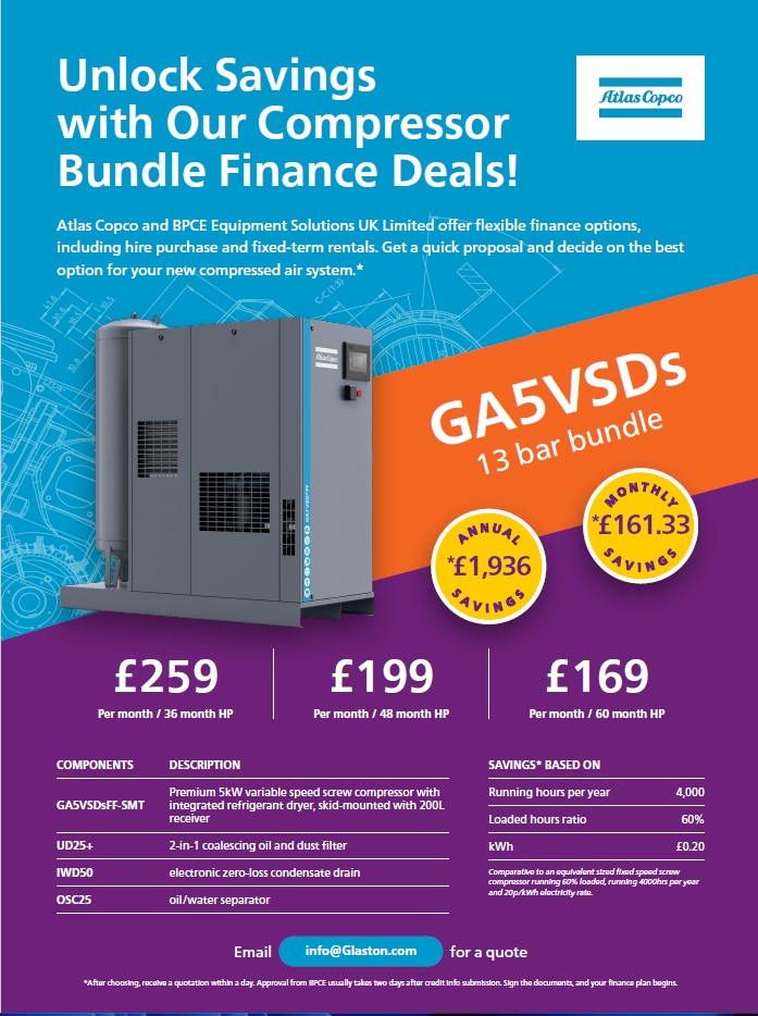 This is an image of an Atlas Copco GA5 VSD 13 bar compressor finance bundle. The grey box in the middle of the page is GA5 compressor. The yellow roundels in the middle are highlighting the finance deals.