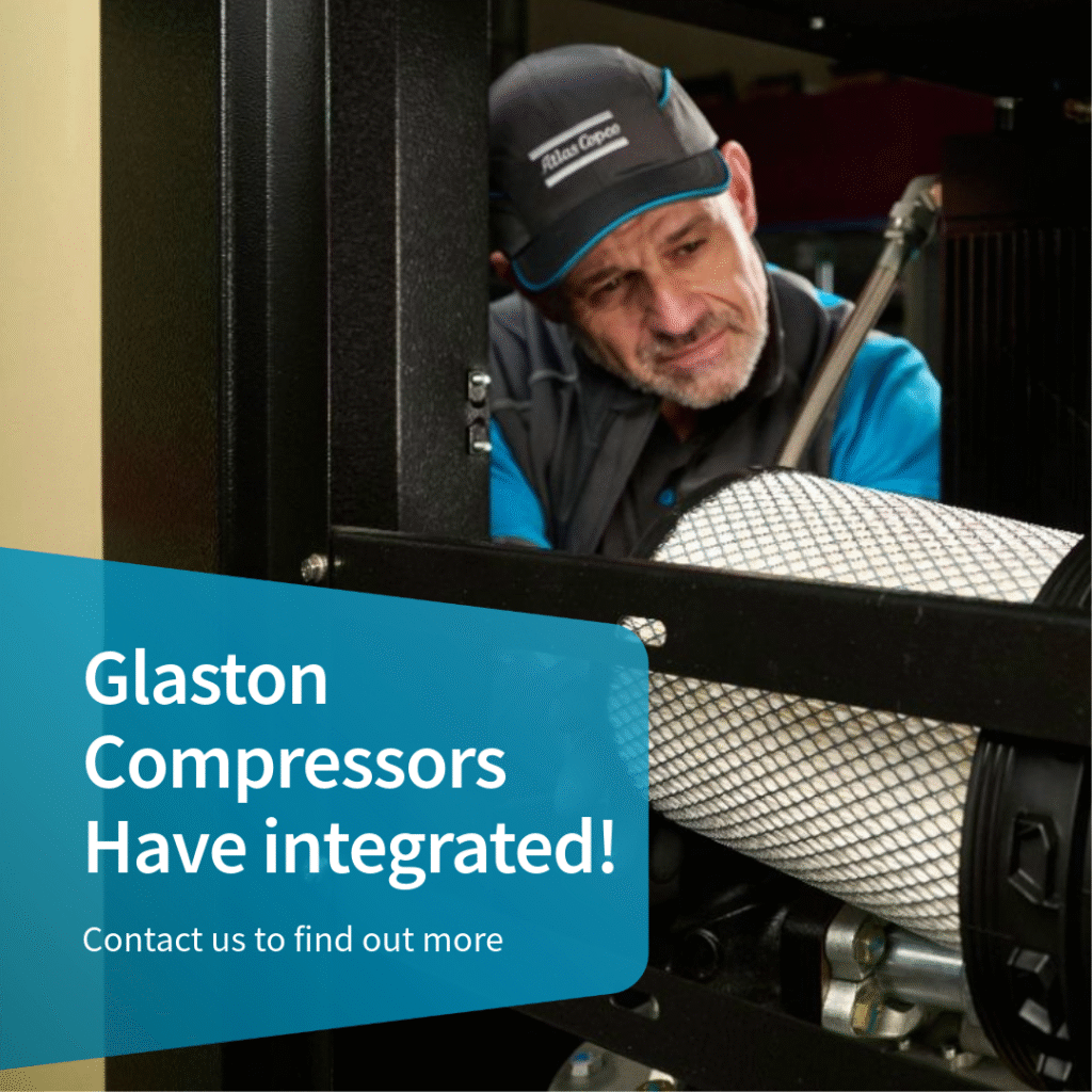 Industrial technician inspecting a large compressor filter inside machinery housing with “Glaston Compressors Have integrated! Contact us to find out more” overlay text.
